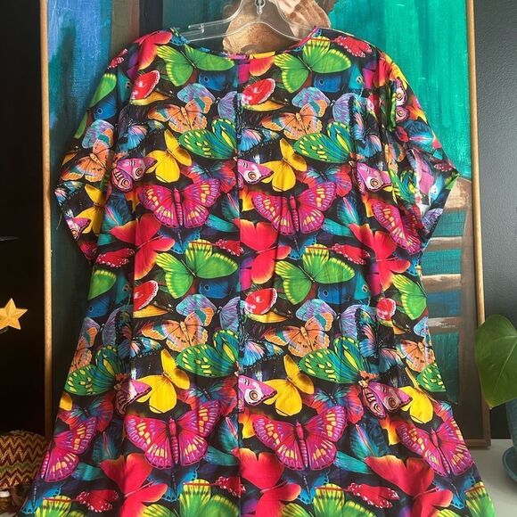 Vibrant Multicolor Maxi Dress with Butterflies and Gold Accents One Size - Picture 10 of 16